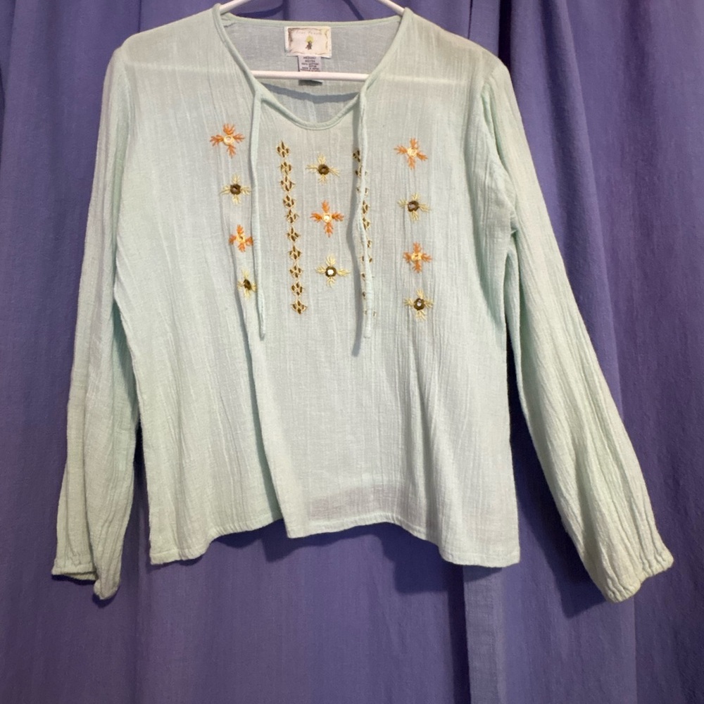 Vintage Free People Light Blue Embroidered Blouse